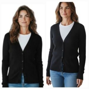 Cotton Blend Ribbed V-Neck Button Down Cardigan, Medium